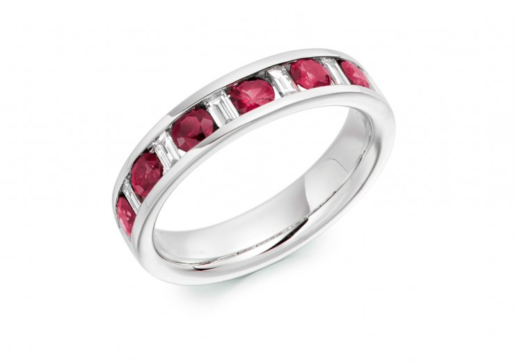 18ct White Gold Ruby & Diamond Baguette & Round Brilliant Cut Half Eternity Ring 0.80ct