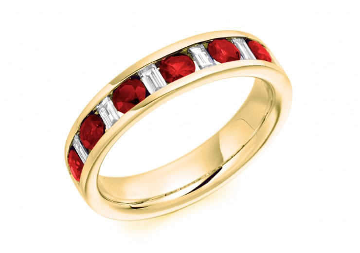 18ct Yellow Gold Ruby & Diamond Baguette & Round Brilliant Cut Half Eternity Ring 0.80ct