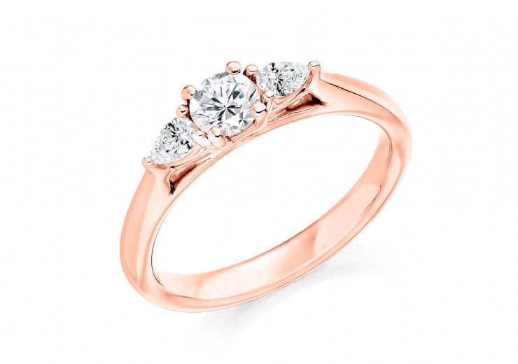 18ct Rose Gold Pear & Round Brilliant Cut Diamond Trilogy Ring 0.50ct