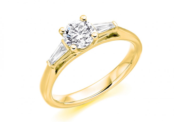 18ct Yellow Gold Round Brilliant & Baguette Cut Diamond Trilogy Ring 0.80ct