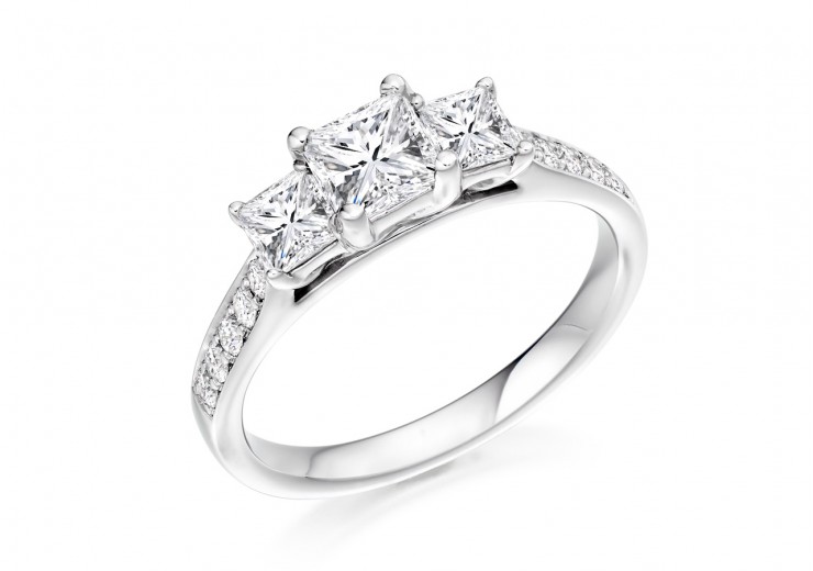 18ct White Gold Princess & Round Brilliant Cut Diamond Trilogy Ring 0.80ct