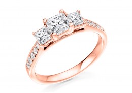 18ct Rose Gold Princess & Round Brilliant Cut Diamond Trilogy Ring 0.80ct