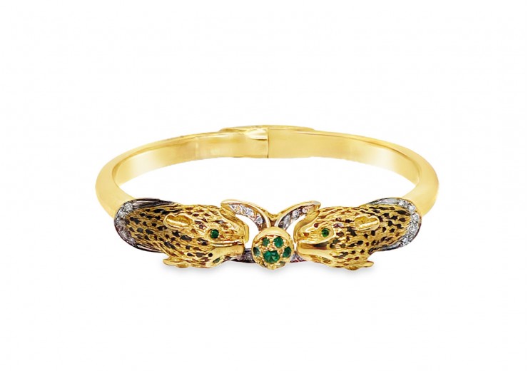 Pre-owned 18ct Yellow Gold Emerald & Diamond Leopard Bangle