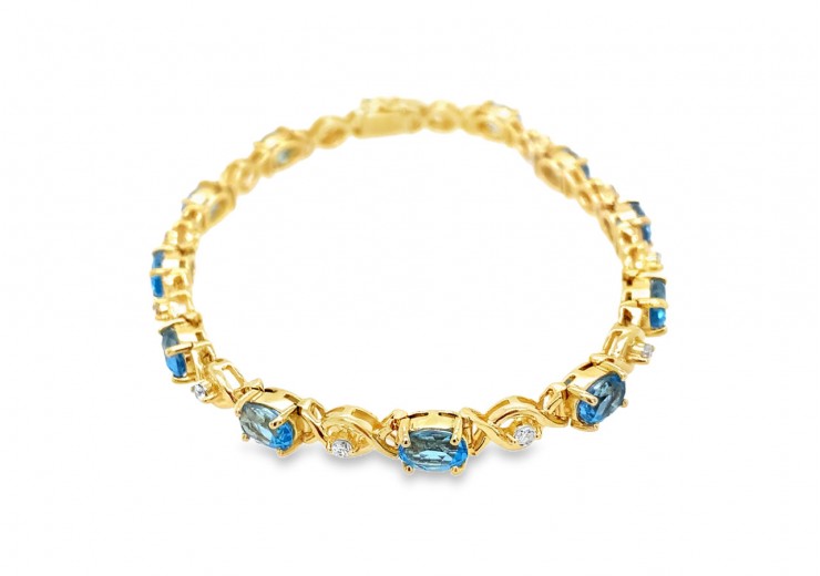 Pre-owned 14ct Gold Blue Topaz & Diamond Bracelet