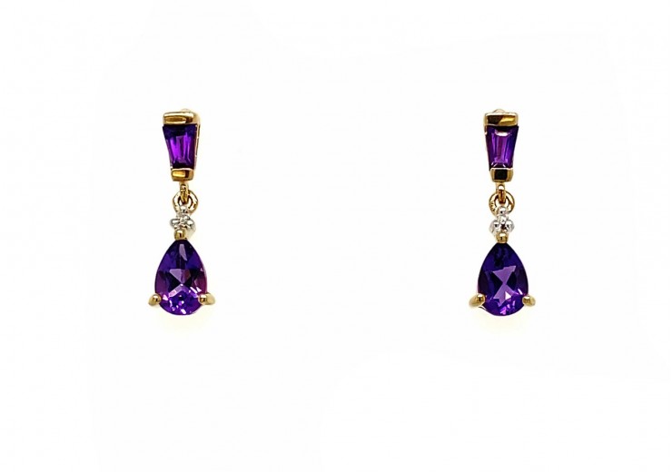 9ct Yellow Gold Amethyst & Diamond Drop Earrings