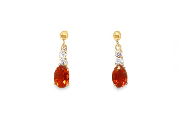 9ct Yellow Gold Fire Opal & Diamond Drop Earrings
