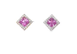 Pre-owned 18ct White Gold Pink Sapphire & Diamond Stud Earrings