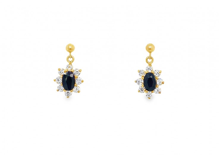 Pre-owned 9ct Yellow Gold Sapphire & Cubic Zirconia Drop Earrings