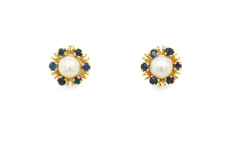 Pre-owned 9ct Yellow Gold Sapphire & Pearl Stud Earrings