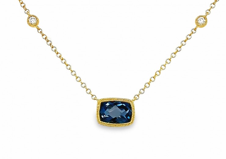 9ct Yellow Gold Blue Topaz & Diamond Necklace