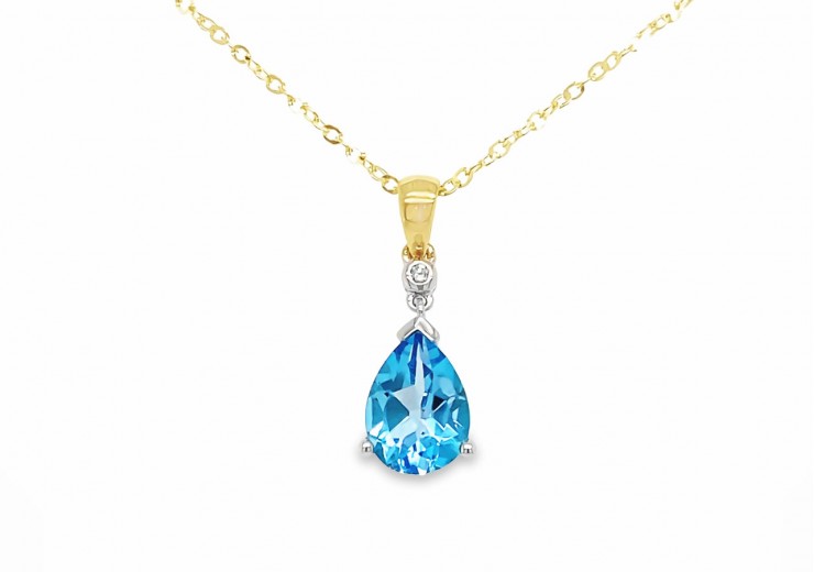 9ct Yellow Gold Blue Topaz & Diamond Necklace