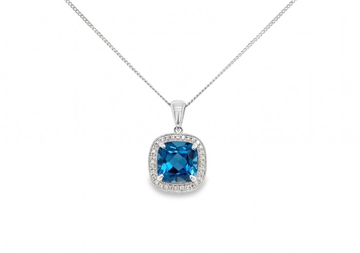 9ct White Gold Blue Topaz & Diamond Necklace