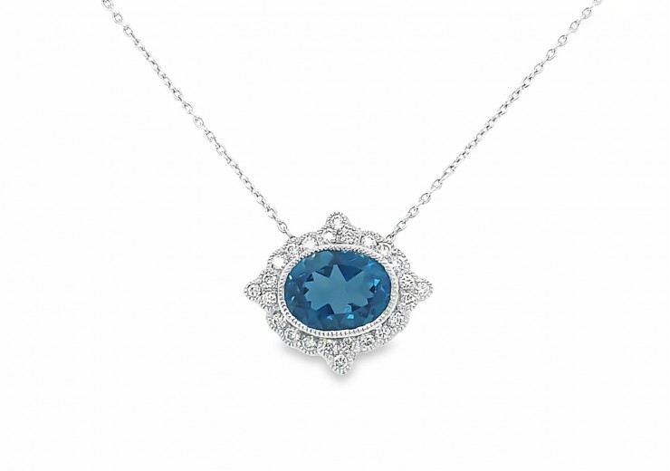 Pre-owned 9ct White Gold Blue Topaz & Diamond Necklace