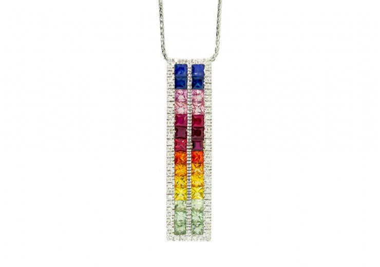 Pre-owned 14ct White Gold Rainbow Sapphire & Diamond Pendant