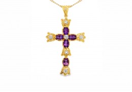 Pre-owned 14ct Yellow Gold Amethyst & Diamond Cross Necklace