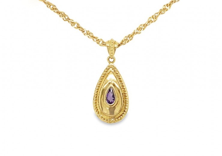 Pre-owned 9ct Yellow Gold Amethyst Tear Drop Necklace