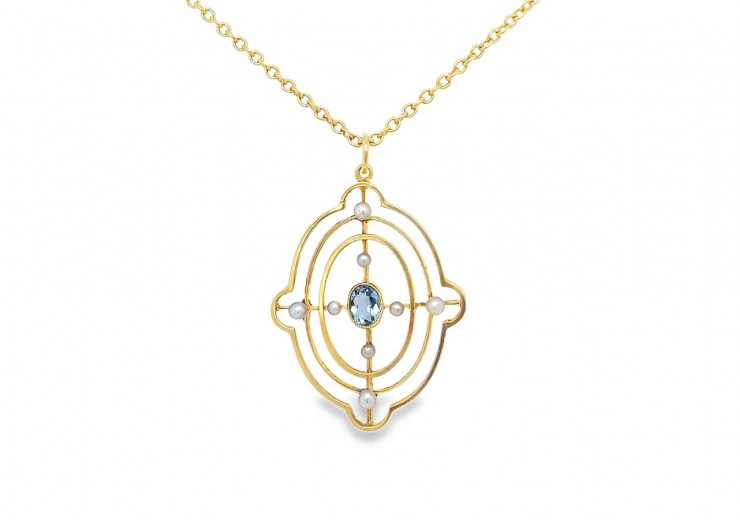 Pre-owned Antique 15ct Yellow Gold Aquamarine & Pearl Necklace