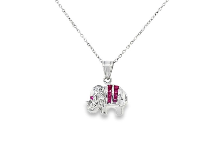 Pre-owned 18ct White Gold Ruby & Diamond Elephant Necklace Pre-owned 18ct White Gold Ruby & Diamond Elephant Necklace