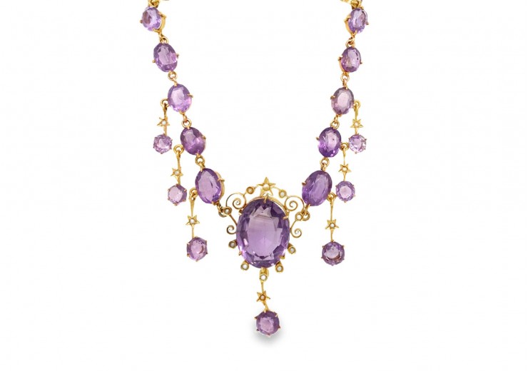 Pre-owned Vintage 14ct Rose Gold Amethyst & Pearl Necklace