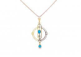 Pre-owned Vintage 9ct Rose Gold Pearl & Turquoise Necklace