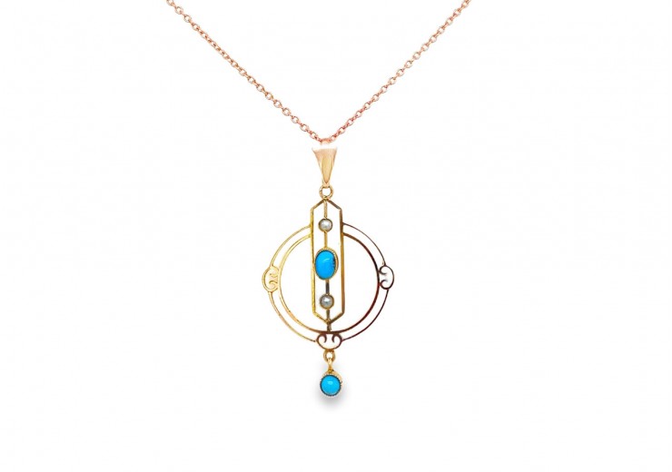 Pre-owned Vintage 9ct Rose Gold Pearl & Turquoise Necklace