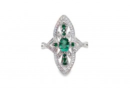 18ct White Gold Emerald & Diamond Art Deco Style Ring