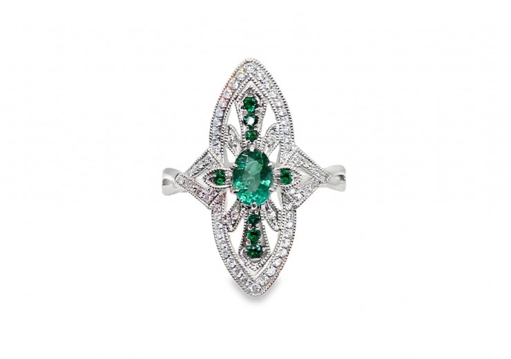 18ct White Gold Emerald & Diamond Art Deco Style Ring