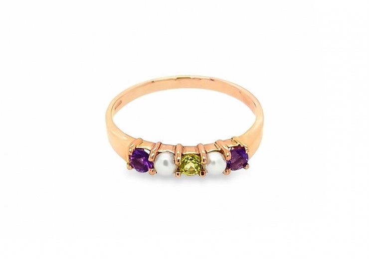9ct Rose Gold Amethyst, Peridot & Pearl Ring