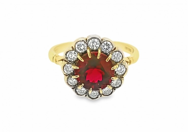 Pre-owned 18ct Yellow Gold & Silver Rubilite & Diamond Cluster Ring