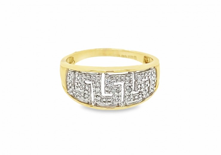 Pre-owned 9ct Yellow Gold Diamond Greek Key Ring