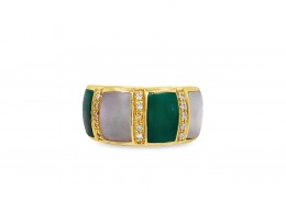 Pre-owned 18ct Yellow Gold Malachite, Mother of Pearl & Diamond Band Ring