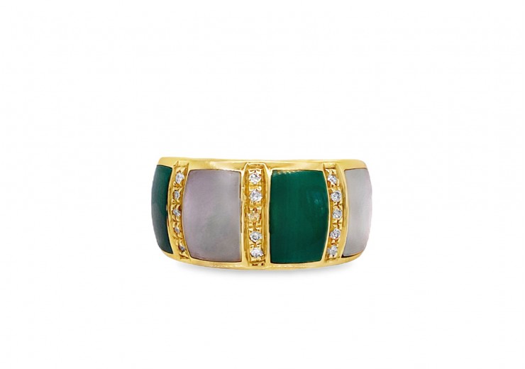 Pre-owned 18ct Yellow Gold Malachite, Mother of Pearl & Diamond Band Ring