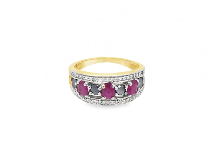 Pre-owned 9ct Yellow Ruby, Diamond & Synthetic Black Sapphire Ring