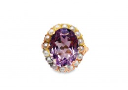 Pre-owned 9ct Yellow Gold Amethyst & Pearl Cluster Ring