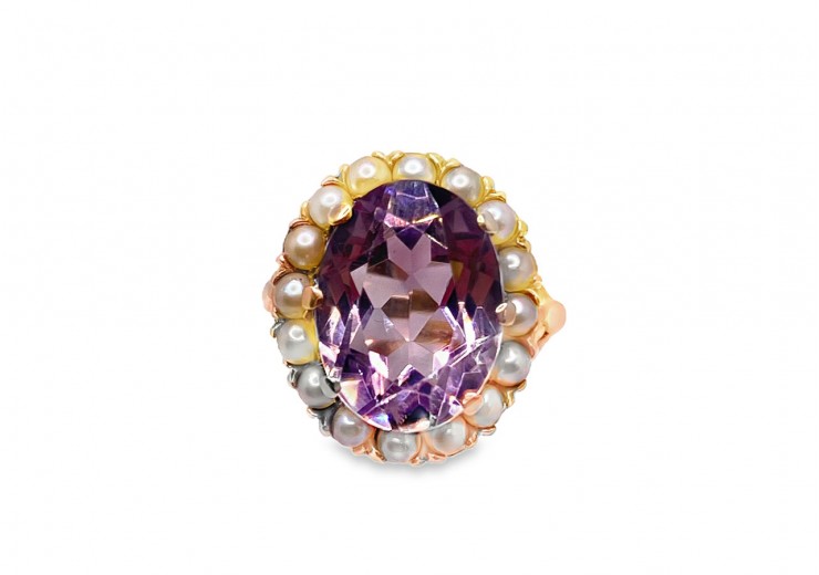 Pre-owned 9ct Yellow Gold Amethyst & Pearl Cluster Ring