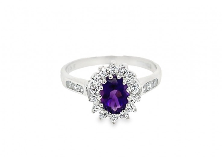 Pre-owned 9ct White Gold Amethyst & Cubic Zirconia Cluster Ring