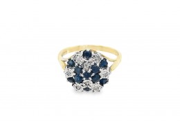 Pre-owned 9ct Yellow Gold, Sapphire and Illusion Set Diamond Cluster Ring 