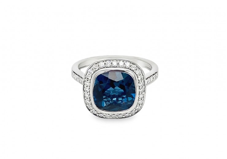 9ct White Gold Blue Topaz and Diamond Ring