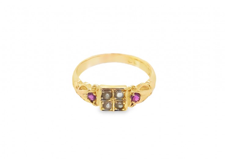 Pre-owned Antique 15ct Yellow Gold Ruby & Pearl Ring 