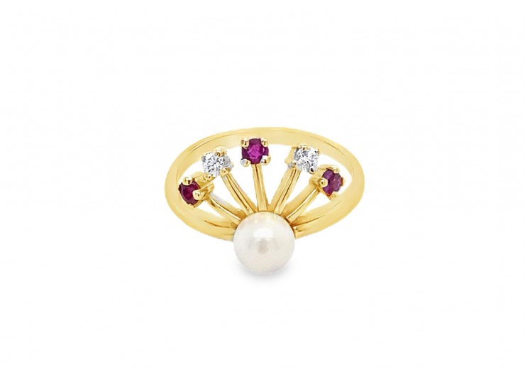 Pre-owned 9ct Gold Pearl, Ruby & Cubic Zirconia Ring