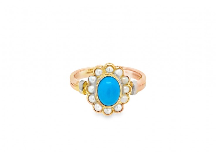 Pre-owned 9ct Rose Gold Turquoise & Pearl Ring