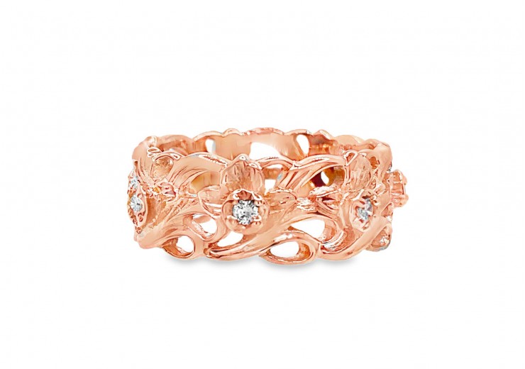 Pre-owned 14ct Welsh Gold Floral Diamond Band Ring
