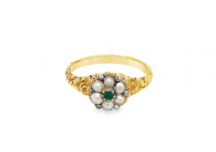 Pre-owned Antique 18ct Gold Pearl & Emerald Ring