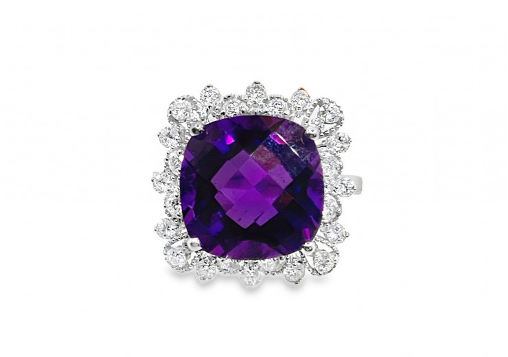 Pre-owned 14ct White Gold Amethyst & Diamond Ring