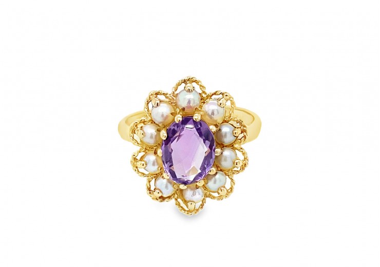 Pre-owned 9ct Gold Amethyst & Pearl Ring