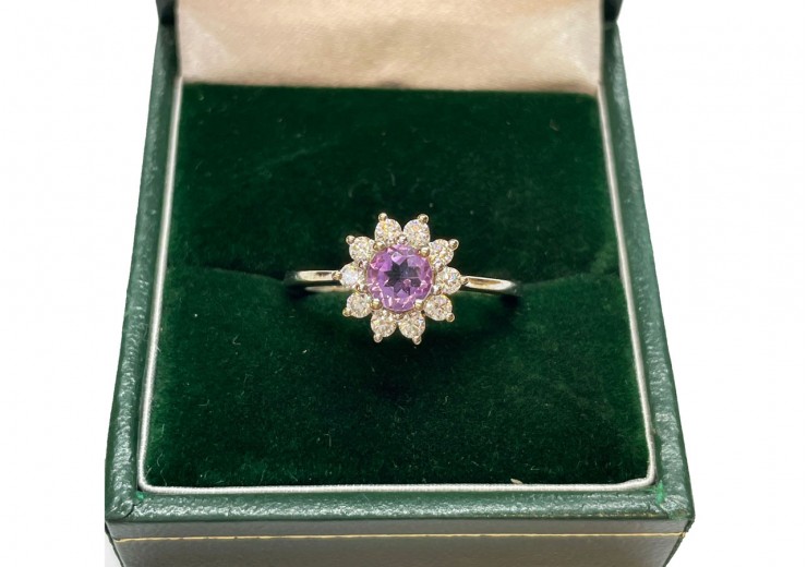 9ct White Gold Amethyst & Cubic Zirconia Cluster Ring
